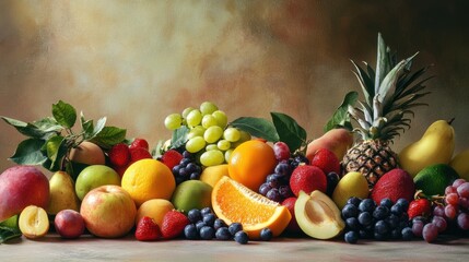 A rich assortment of fresh fruits is beautifully laid out on a wooden surface in a rustic style. This bright composition emphasizes the importance of healthy eating, freshness and natural abundance.