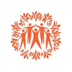 Five stylized orange human figures are connected, surrounded by leaf-like shapes, forming a circular pattern. This represents community, growth, unity, and environmental consciousness.