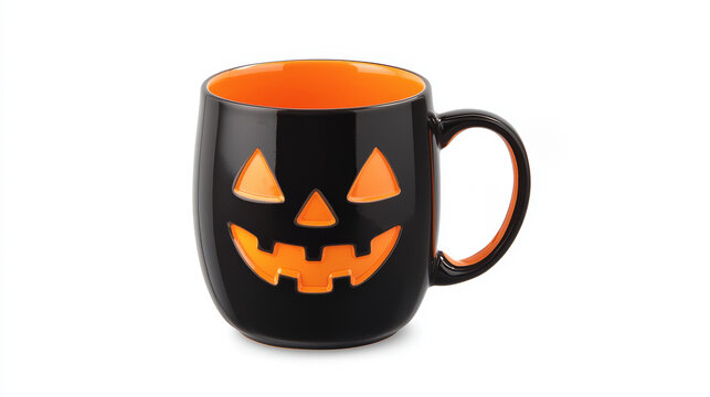 A black ceramic Halloween mug featuring a glowing jack-o'-lantern face, with an orange handle and spooky bats flying around the rim.
