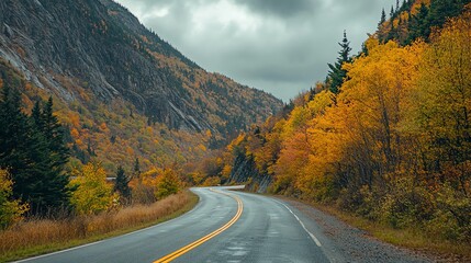 Naklejka premium A winding road through a mountain valley in autumn.