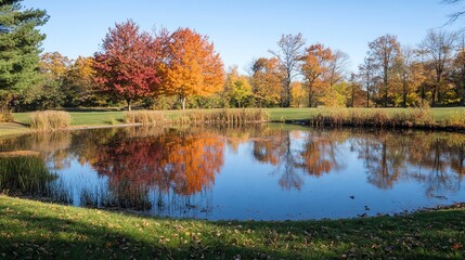 A pond with autumn leaves floating on the surface, with trees with colorful leaves and a blue sky behind it.
