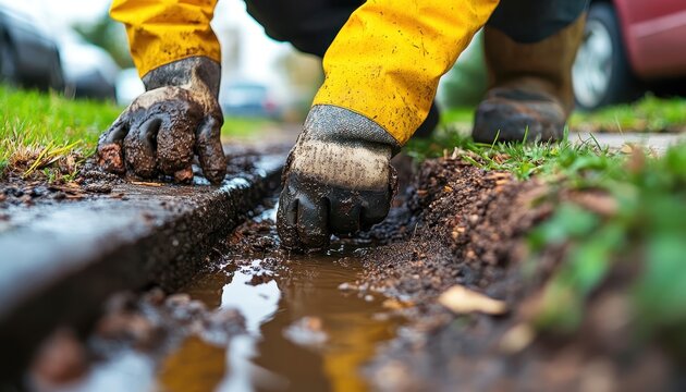 Sewer pipe maintenance in a residential area during rainy weather to prevent blockages