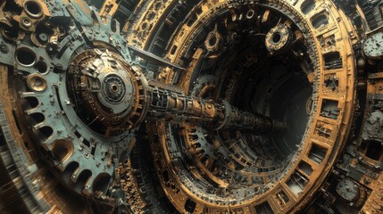 Fototapeta premium An intricate and complex interior of a machine with numerous gears and pipes. It suggests concepts of complex engineering, futuristic technology, and steampunk aesthetics.
