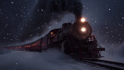 A vintage steam train travels through a snowy landscape under a starry night sky. polar express