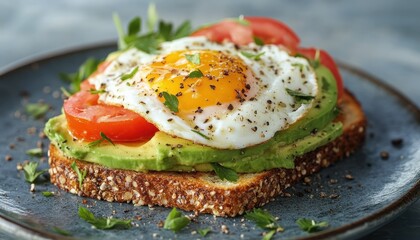 Sliced avocado toast topped with a poached egg and fresh tomatoes on a rustic plate
