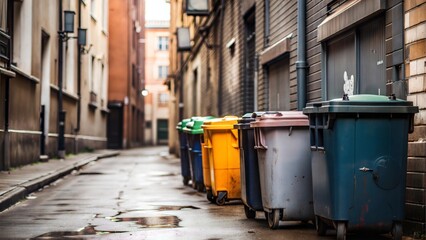 Naklejka premium Portrait of Colorful Trash Bins in Urban Alley
