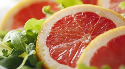 A close-up of grapefruit being added to a refreshing salad, capturing the bright color and juicy texture against a clean white backdrop