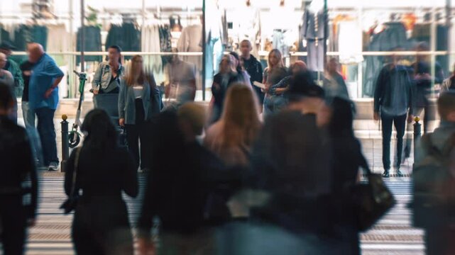 Time-lapse unrecognizable people crowd crossing city street, busy crossroad intersection, blurry pedestrians walking crosswalk in evening. Rush hour many people walk, blurred fast motion
