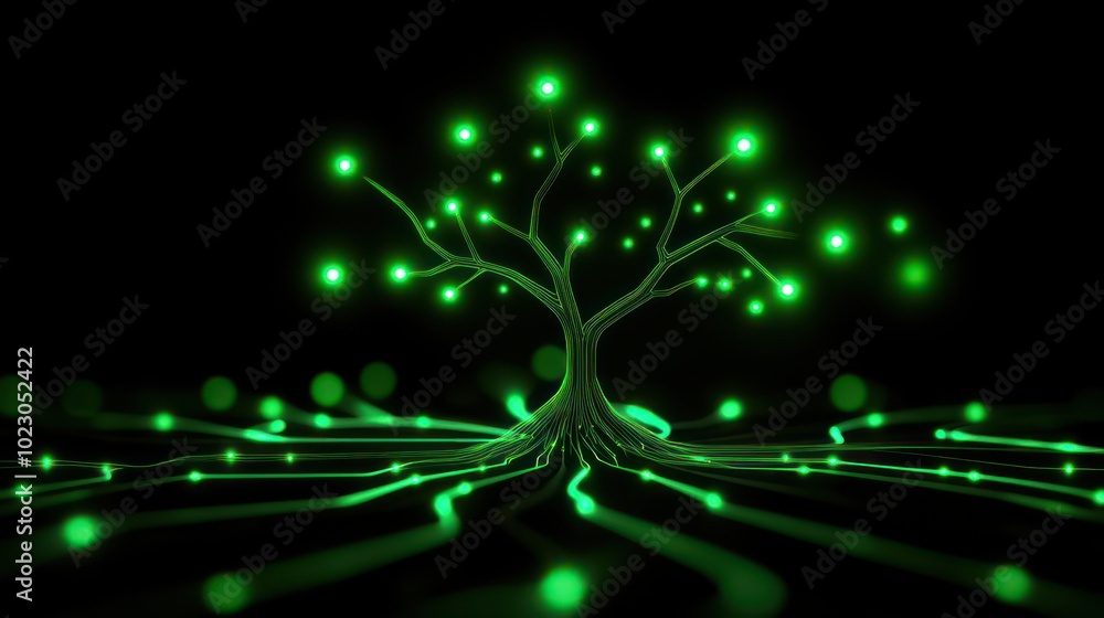 Poster Illuminated tree with glowing green lights and abstract background