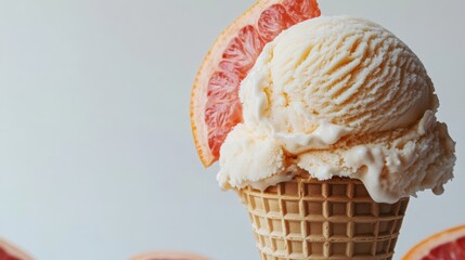 A creative depiction of grapefruit ice cream, beautifully styled in a cone against a clean white background for a sweet treat