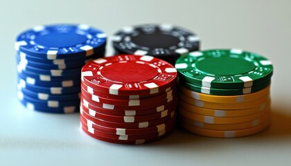 Colorful poker chips stacked neatly on a table, ready for an exciting game night with friends