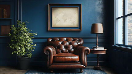 Cozy reading nook with a leather chair and vintage map decor.
