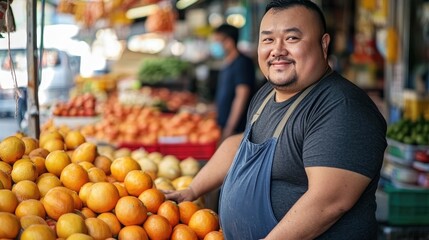 Smiling man working at a fruit stall. This photo can be used for topics such as grocery, market, or produce.
