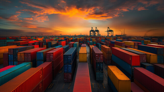 Twilight descends on a bustling container terminal, showcasing rows of multicolored containers from an aerial perspective.