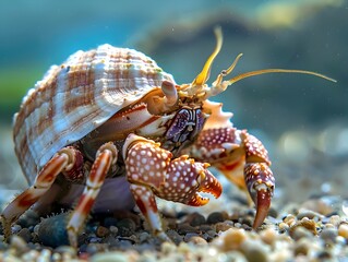 A Hermit Crab Scuttling Across the Vibrant Ocean Floor with Decorated Shell