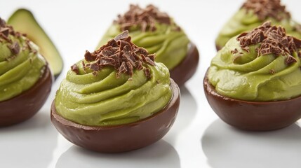 A creative display of avocado-inspired desserts, like avocado chocolate mousse, set against a clean white background for a gourmet touch