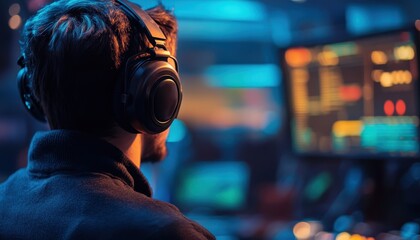 Quality assurance specialist analyzing call recordings in a modern workspace at night