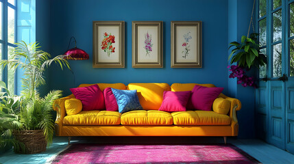Bright living room with a yellow sofa and colorful decor.