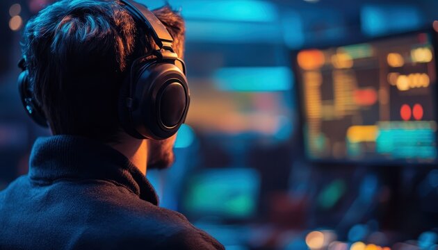 Quality assurance specialist analyzing call recordings in a modern workspace at night