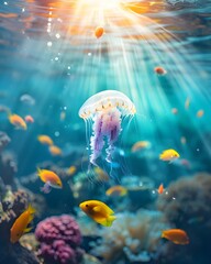 Tranquil Underwater Jellyfish Scene with Colorful Marine Life and Sunlit Waters