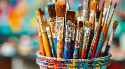 Obraz premium A vibrant artist s studio filled with brushes, paints, and unfinished masterpieces