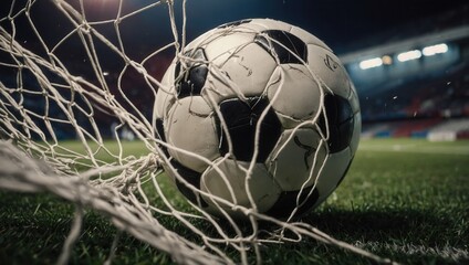 Soccer ball resting on goal net with artificial grass surface