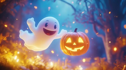 Smiling ghost carrying a cheerful pumpkin, floating through the night with Halloween joy