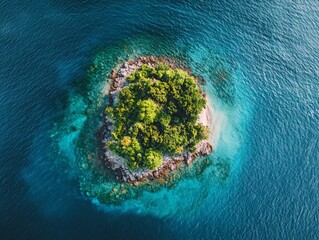 Aerial View of Small Tropical Island Surrounded by Water