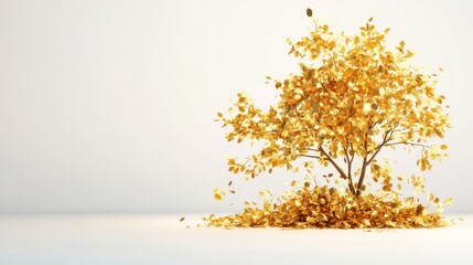Golden autumn tree with falling leaves on a minimalist background