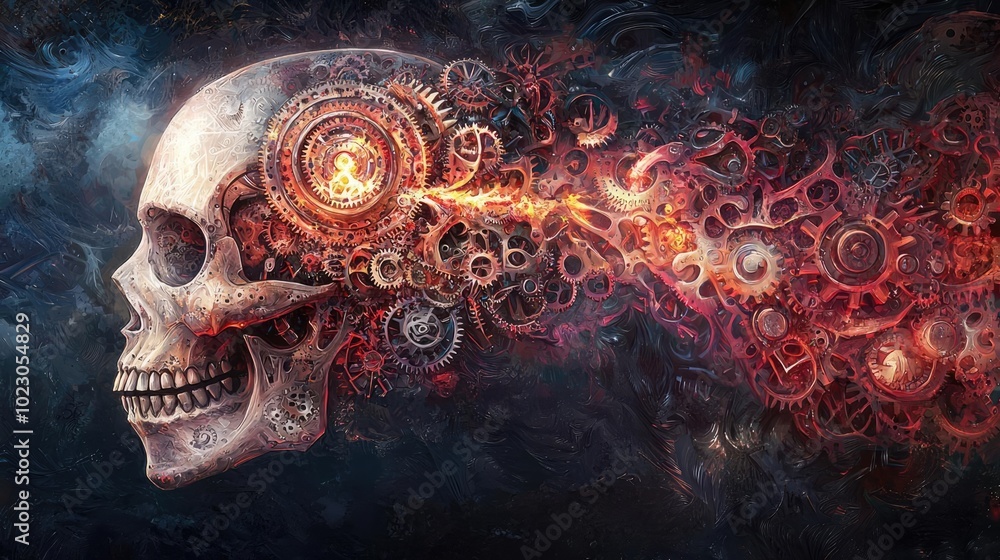 Poster intricate skull illustration with mechanical gears, merging themes of mortality and machinery in an 