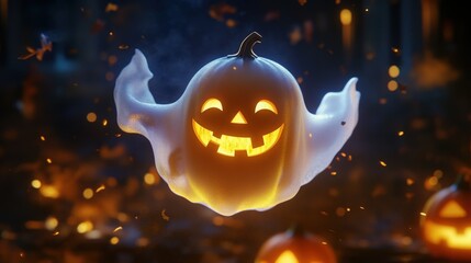 Naklejka premium Smiling ghost with a Jack-o'-lantern, floating through the Halloween night with a playful grin