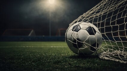Soccer ball in front of goal net with no visible players