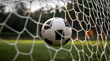 A close-up of a soccer ball in the net after a goal.