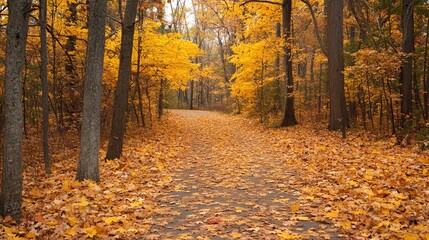 Fototapeta premium A path through a forest in the fall, covered in fallen leaves.