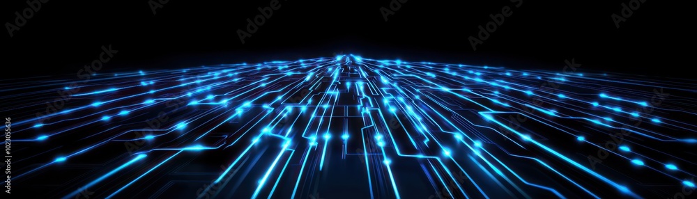 Poster futuristic digital world with glowing blue lines and circuit patterns