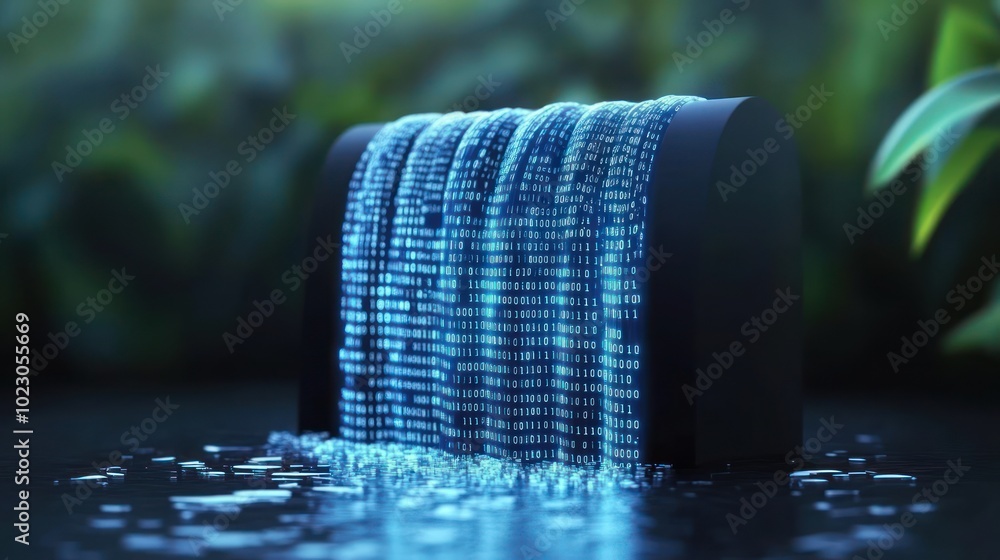 Aufkleber Digital waterfall displaying flowing binary code in serene nature