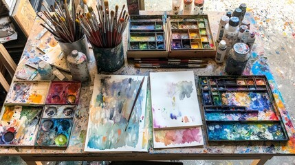 Artist Workspace with Paintbrushes and Watercolors
