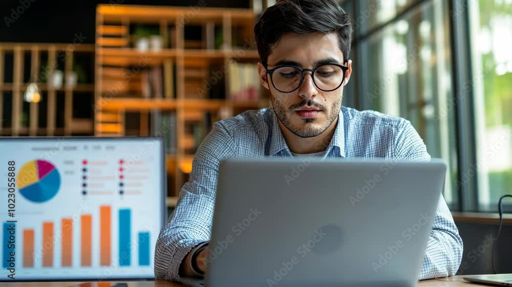 Poster a man is working on a laptop in an office setting. he is focused on the screen and appears to be ana