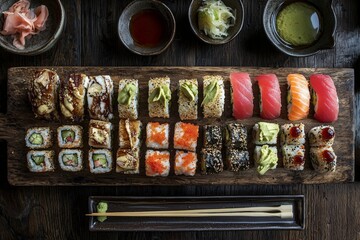 Gourmet Sushi Rolls on a Wooden Platter