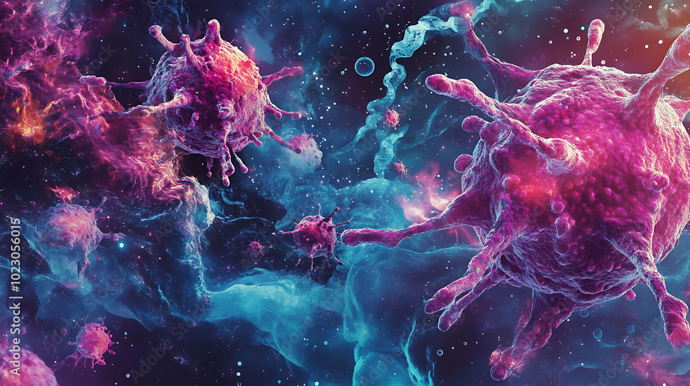 Poster 3d render of virus cells in a colorful nebula-like background.