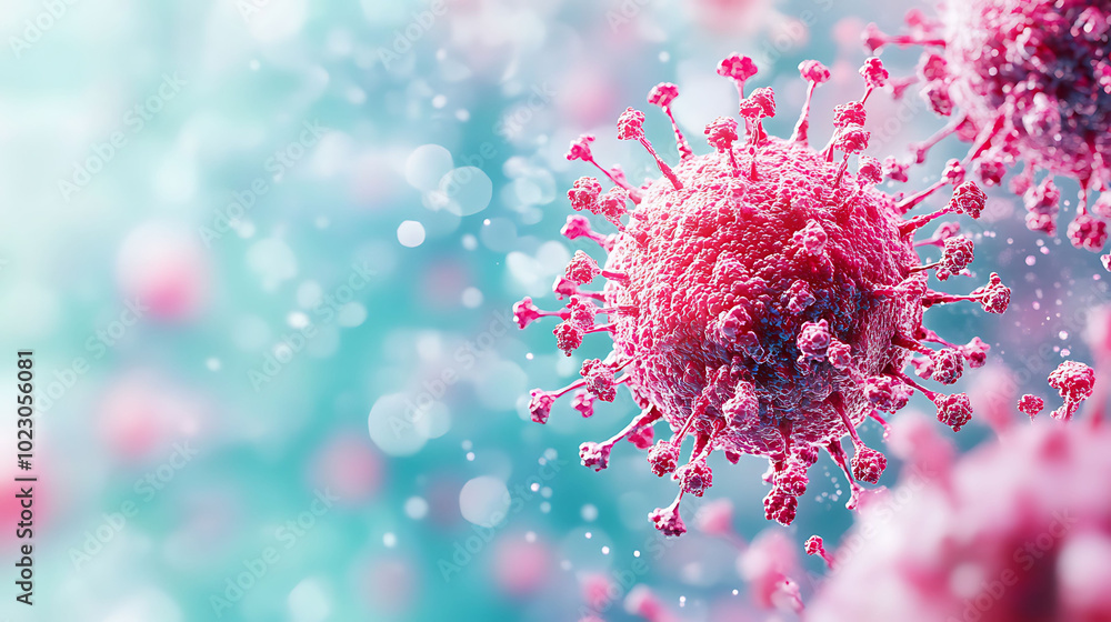 Poster a 3d rendering of a pink virus particle with a bokeh background.