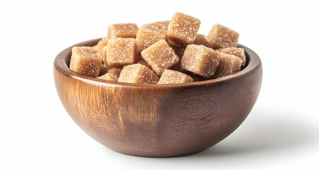 Close up of brown sugar cubes in a wooden bowl.