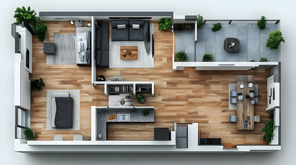 A modern apartment layout showcasing living and dining spaces.