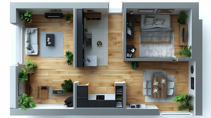 Aerial view of a modern apartment layout with living spaces.