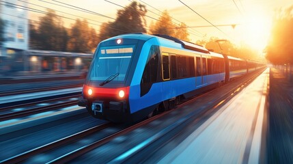 Naklejka premium Dynamic train in motion at sunset