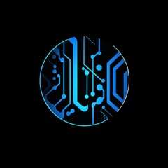 A glowing blue and cyan circular circuit board on a black background. The image represents concepts of technology, connectivity, digital data, and science.
