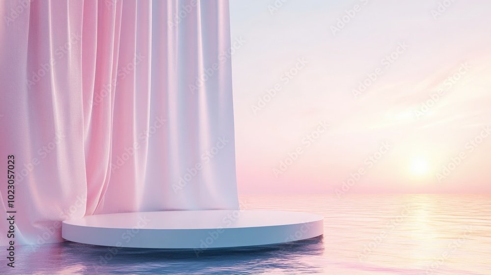 Poster sophisticated 3d render of a platform podium on water with fluttering curtains. ideal for product sh