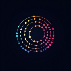 An abstract, circular logo with interconnected colorful dots forming a network. This image represents concepts of data, communication, technology, and global connections.