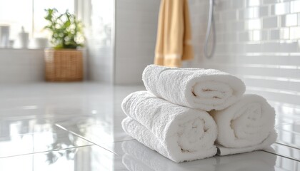 Freshly cleaned bathroom tiles with neatly stacked towels in a serene, bright space