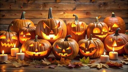 Fototapeta premium Group of Carved Jack-O'-Lantern Halloween Pumpkins with Candle Lamps - Halloween Spooky Season
